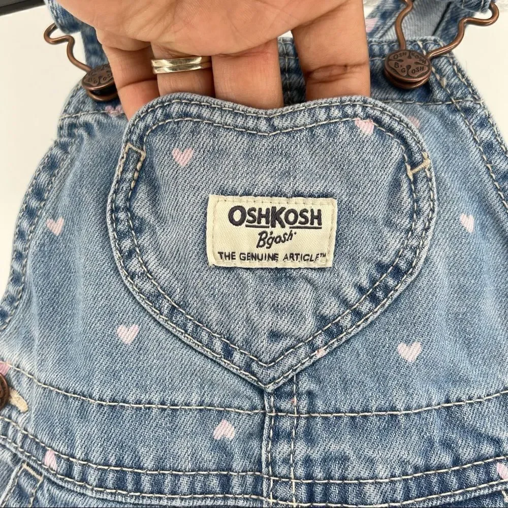 OshKosh B’gosh Baby Girl’s Vestbak Pink Hearts Denim Overalls Size 9M